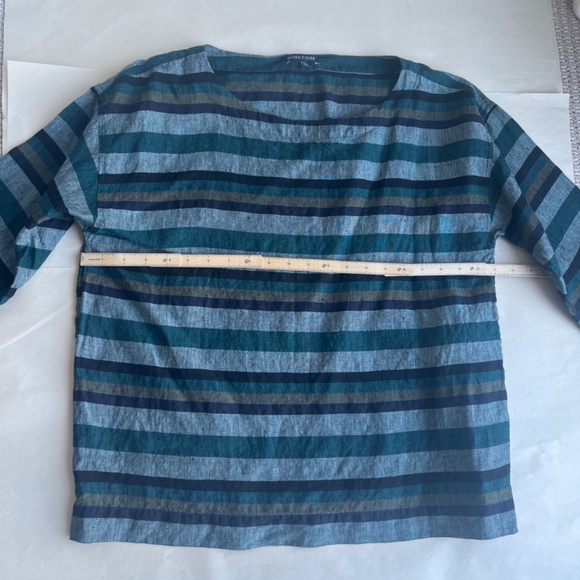Eileen Fisher Cross-Dyed Organic‎ Linen Top Striped Teal Multi Box Tee Blouse - Picture 7 of 11